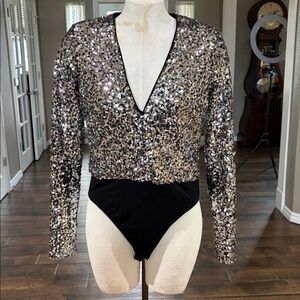 Bardot Siren Bodysuit Silver Sequin Size 6/S